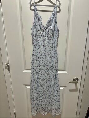 Light Blue Purple Floral Slip Dress with Ruffle V-Neck